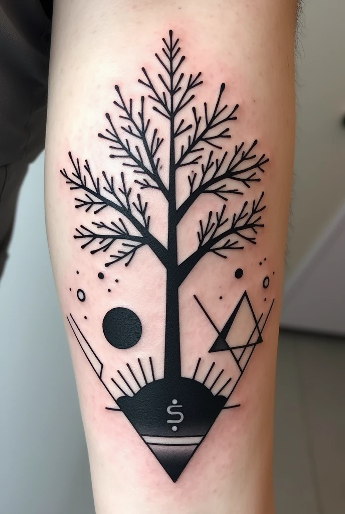 Create a tattoo with triangles and some circles other geometric shapes with a tree in the middle representing personal growth with the symbol of wealth in bold