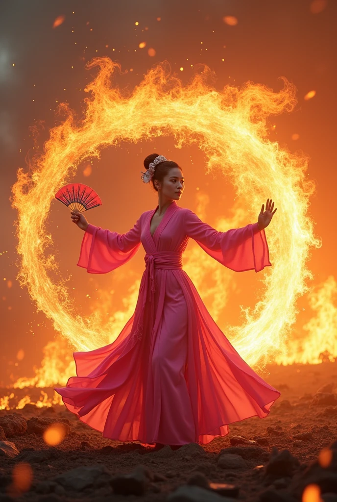 high frequency: 1.8, Rich details, masterpiece, 8k, Beautiful priestess in pink shirt standing in front of a fire, dance, Waving hand fan, Fan on Fire, Priestess surrounded by flames, Burning battlefield background,