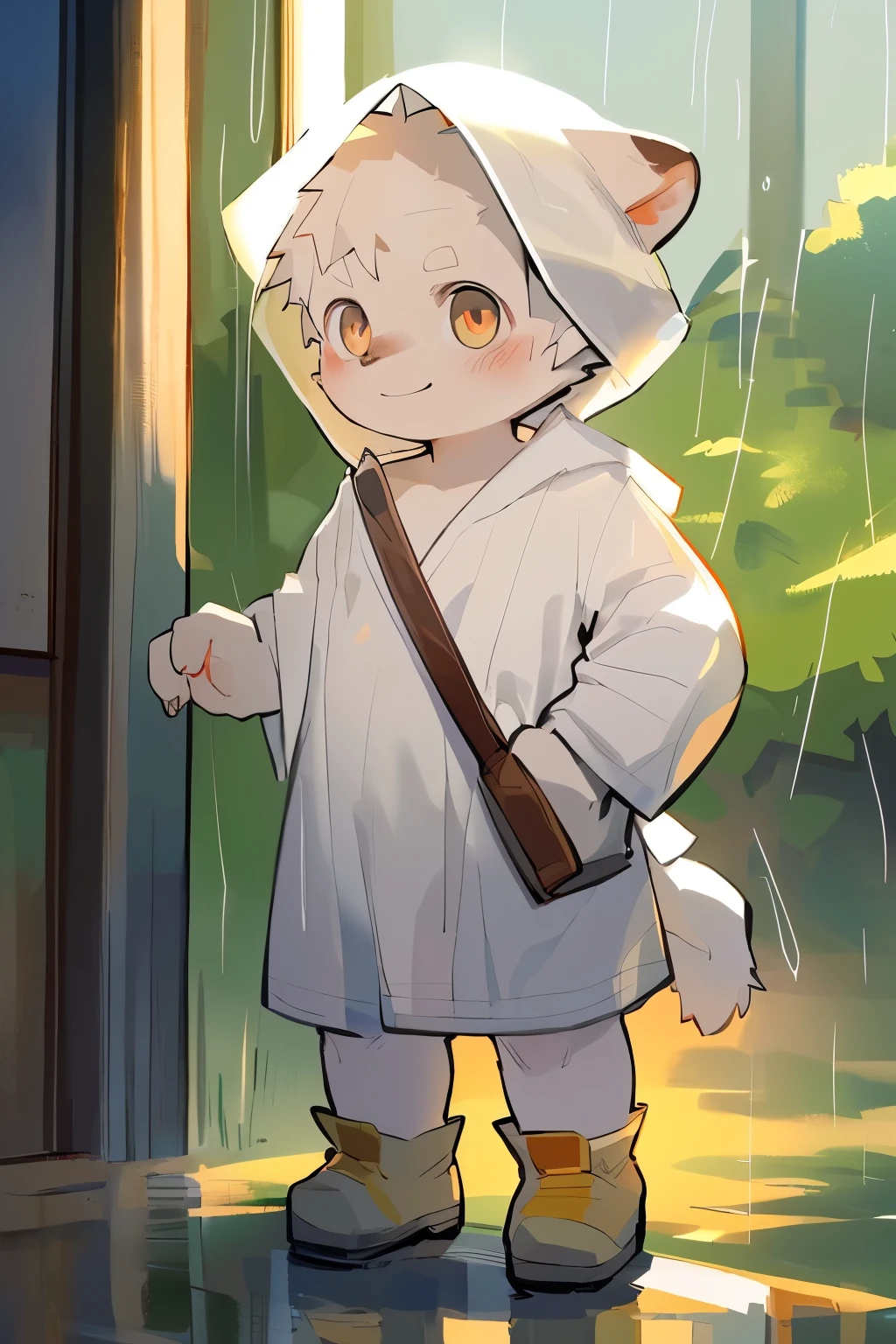 masterpiece, best quality, Perfect anatomical structure, Bright Eyes, Big watery eyes, From milkytiger1145, author：K0BIT0WANI,幼儿园boy, 吉祥物boy, 身高较矮的boy, best quality, high resolution, Extremely detailed,Realistic Tips, , （Wearing a nude, loose, semi-transparent hooded raincoat）, rain, Rain boots,Standing，Smile， external, close up，((Boy，shota))，boy，Pino Deheny, Carney announced, milkytiger1145,