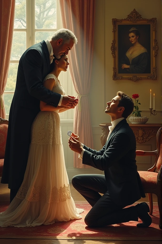 Genere moi une image d'un homme voulant demander un fille en mariage et le père de la fille qui essaie de s opposé au mariage