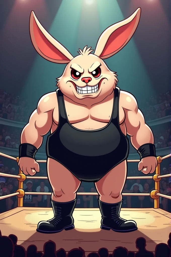 Cartoon bunny dressed like wrestler King Kong Bundy in wrestling ring