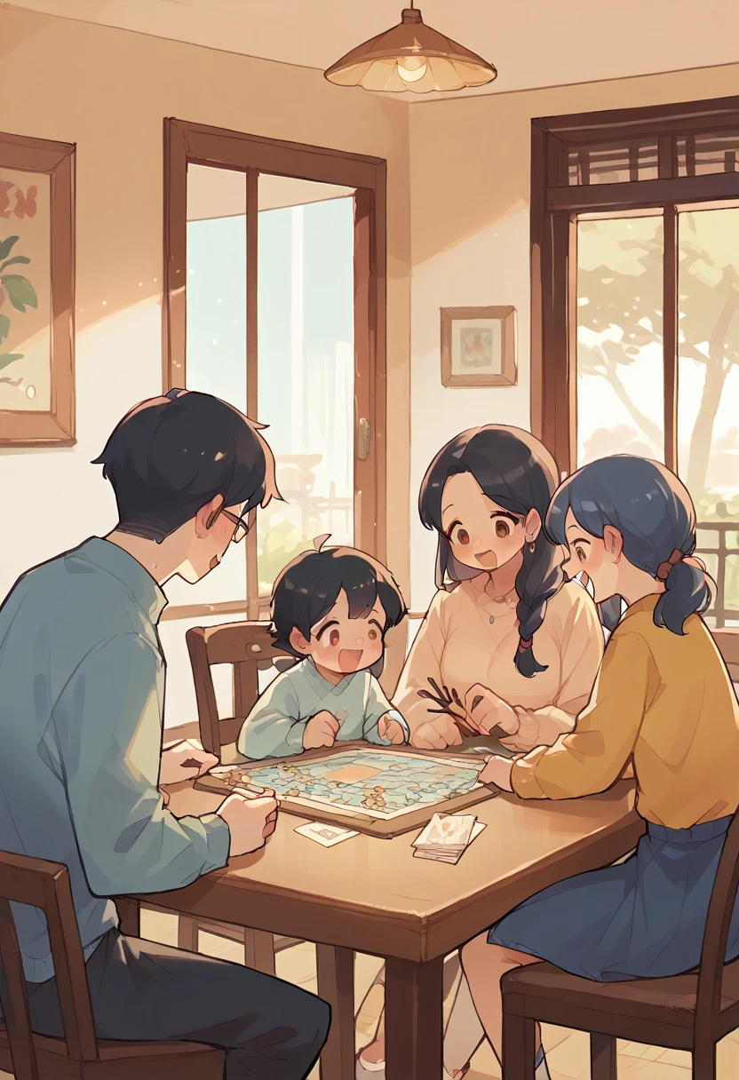family,dad、Mother、elder sister、younger brother,Four characters,playing a board game at the dining table,Warm, joyful, and excited atmosphere,Q version cartoon style,Stick Figure