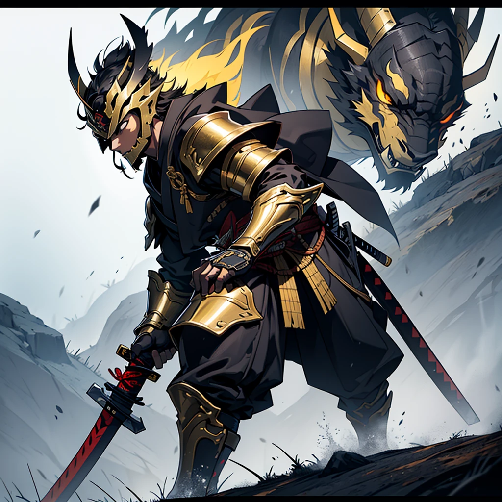 A samurai with long katana wearing a deamon   black and gold colour armor,standing a alone edge of tall hillside,falttering abndana on head