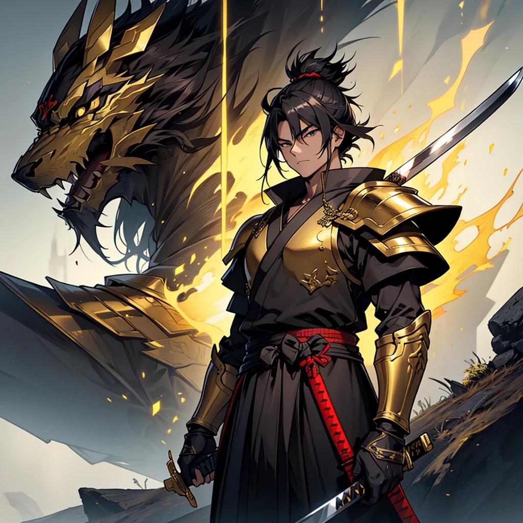 A samurai with long katana wearing a deamon black and gold colour armor,standing a alone edge of tall hillside,falttering abndana on head