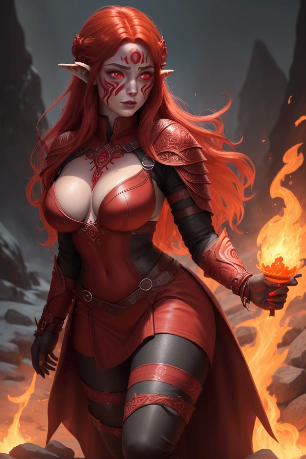 a fire elf, on the mountain, in the middle of an ash storm, ((red face, skin and breasts))) dark red eyes glowing neon, dark red hair, full body red with runes glowing neon red, dressing as a dark red fire druid, with medium breasts, sensual and attractive body, A highly realistic depiction of a fire elf with a striking red appearance. Her entire body is a deep, fiery red, including her glowing red eyes and flowing red hair that resembles flames. Intricate, glowing runes are etched into her skin, radiating a warm light. She is dressed in a detailed, red elven explorer outfit made of leather and fabric, designed for both agility and protection. The outfit features elaborate patterns and magical symbols, highlighting her mystical nature. The setting is subtly illuminated by embers, with warm, realistic lighting accentuating her powerful and otherworldly presence.