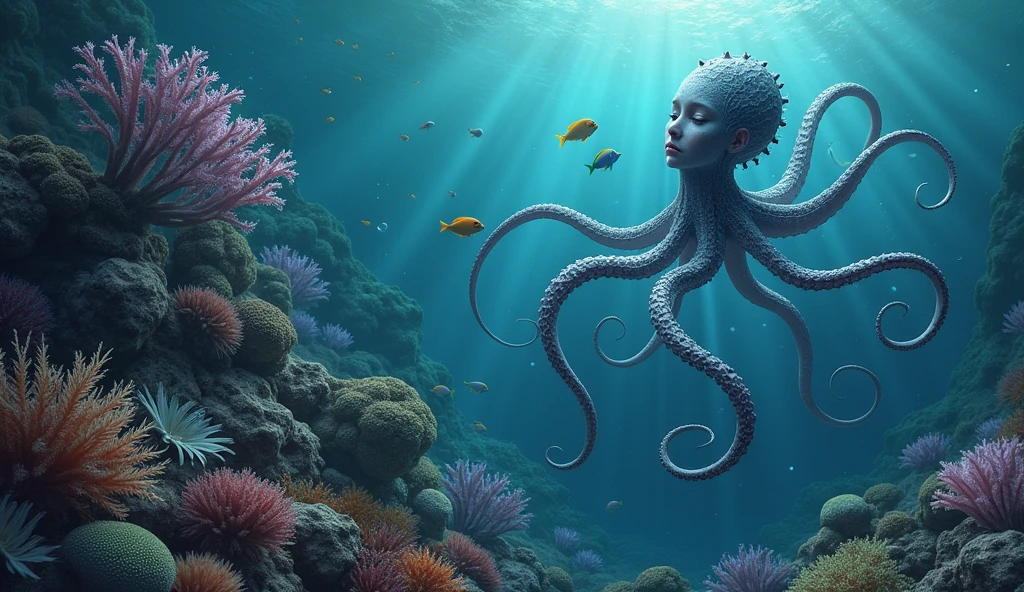 Octopus girl, full body, deep sea, sitting on coral