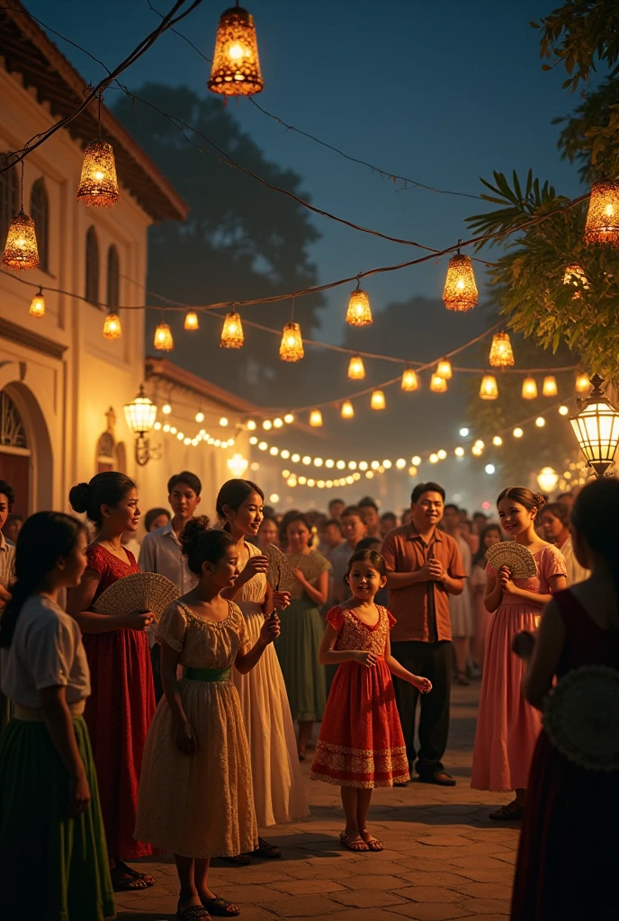 A photo of life in philippines in 1800, christmas night, people are wearing traditional suit, baro't saya for women and barong tagalog for men, the kids are happy playing, there are women looks shy behind their fan, and the fresh men looking at them, there are some adults happy talking, some are serious and has a good posture that looks like from a rich family, its night with parols and candle lights from other homes, the church and park can see in the picture that looks like the spanish era style of homes and structures