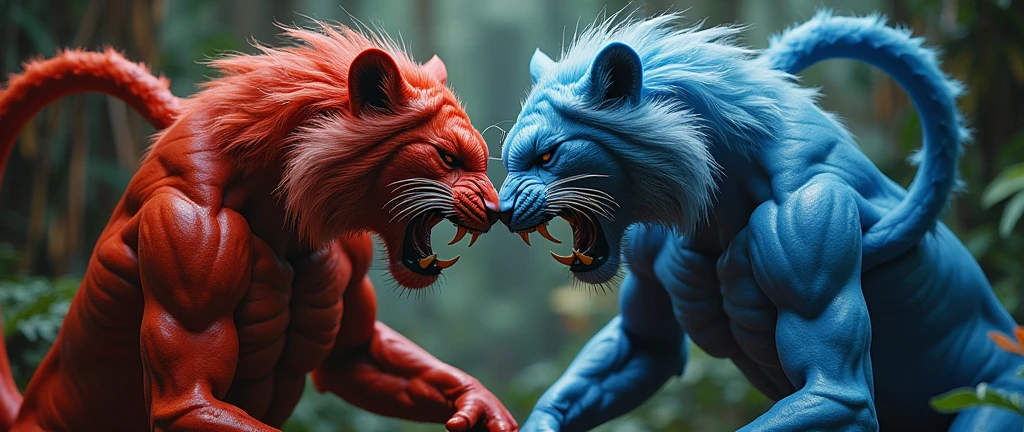 Sexy humanoid red tiger women, and sexy humanoid blue lion woman, intertwining their tails with eachothers, hissing at eachother, angery snarls and their fangs showing, tigers procreating with lioness and lion procreating with tigers around them