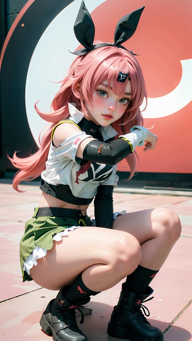 A girl cosplaying as the character sakura from the anime naruto shimpudder. She has long pink hair, a bandana tied in white, a green ninja vest, naruto shimpudder-like costume, Slightly open neckline, red color outfit with black, bright green eyes, tight black shorts, thick legs, slim waist, fighting stance, wears black gloves, black boots,  ultra realistic and detailed cosplay of the character sakura. Masterpiece, Ultra HD, 8k, photography, real skin, real hair, blurred background f1.2. Masterpiece, professional realistic photography style. 