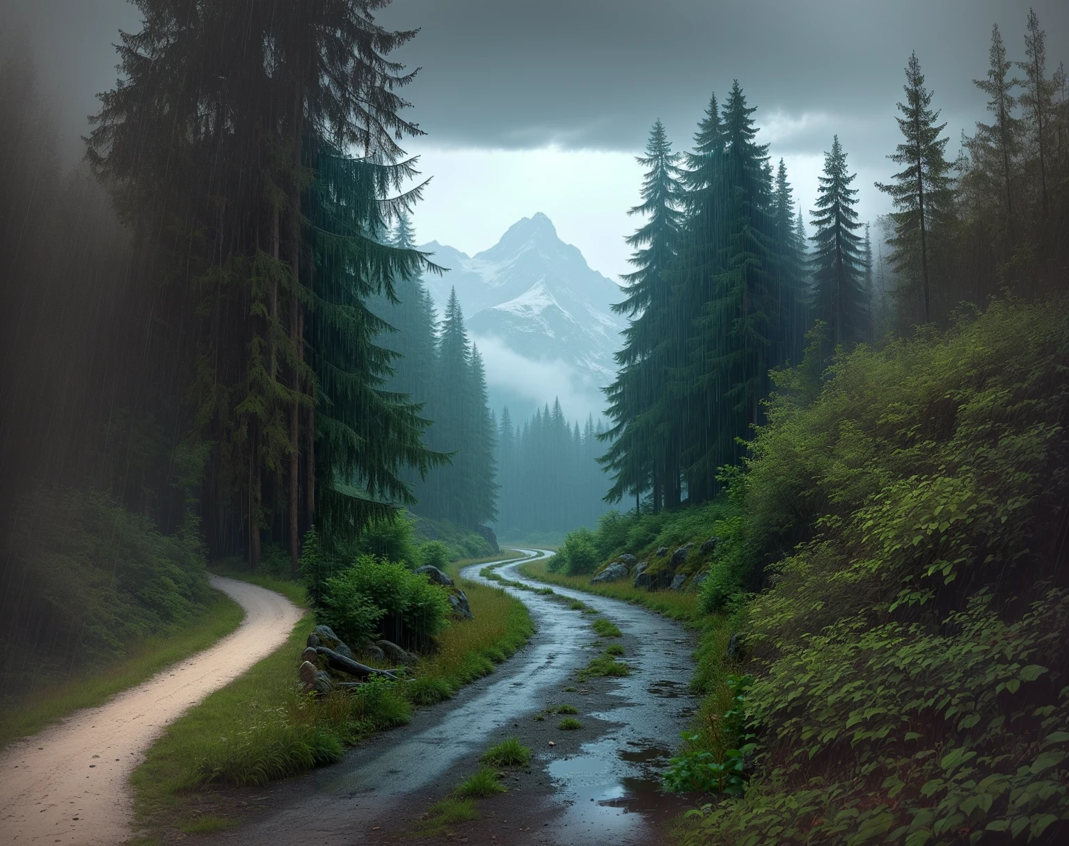 there is a dirt road through the center of the forest。, Slippery road, in a Rainy Day Environment, Magnificent natural scenery, Rainy Day Environment, Nature Wallpapers, author Franz Hegi, Rainy weather, Hiking time, ryan dyar, Rain and gloomy atmosphere, author：rainer hosch, Rainy day mood，clear