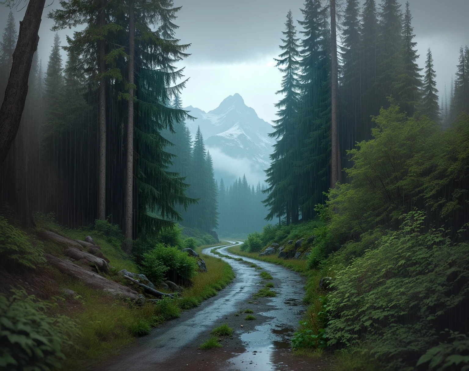 there is a dirt road through the center of the forest。, Slippery road, in a Rainy Day Environment, Magnificent natural scenery, Rainy Day Environment, Nature Wallpapers, author Franz Hegi, Rainy weather, Hiking time, ryan dyar, Rain and gloomy atmosphere, author:rainer hosch, Rainy day mood,clear