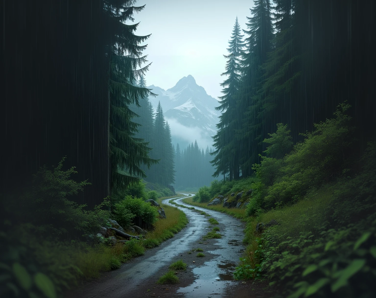 there is a dirt road through the center of the forest。, Slippery road, in a Rainy Day Environment, Magnificent natural scenery, Rainy Day Environment, Nature Wallpapers, author Franz Hegi, Rainy weather, Hiking time, ryan dyar, Rain and gloomy atmosphere, author:rainer hosch, Rainy day mood,clear