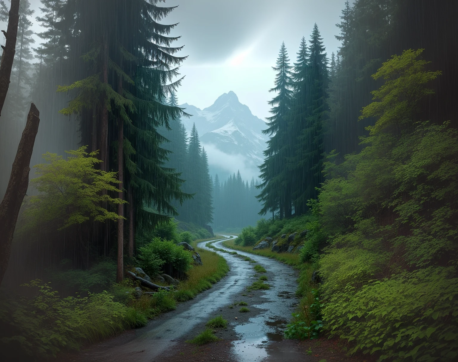 there is a dirt road through the center of the forest。, Slippery road, in a Rainy Day Environment, Magnificent natural scenery, Rainy Day Environment, Nature Wallpapers, author Franz Hegi, Rainy weather, Hiking time, ryan dyar, Rain and gloomy atmosphere, author:rainer hosch, Rainy day mood,clear