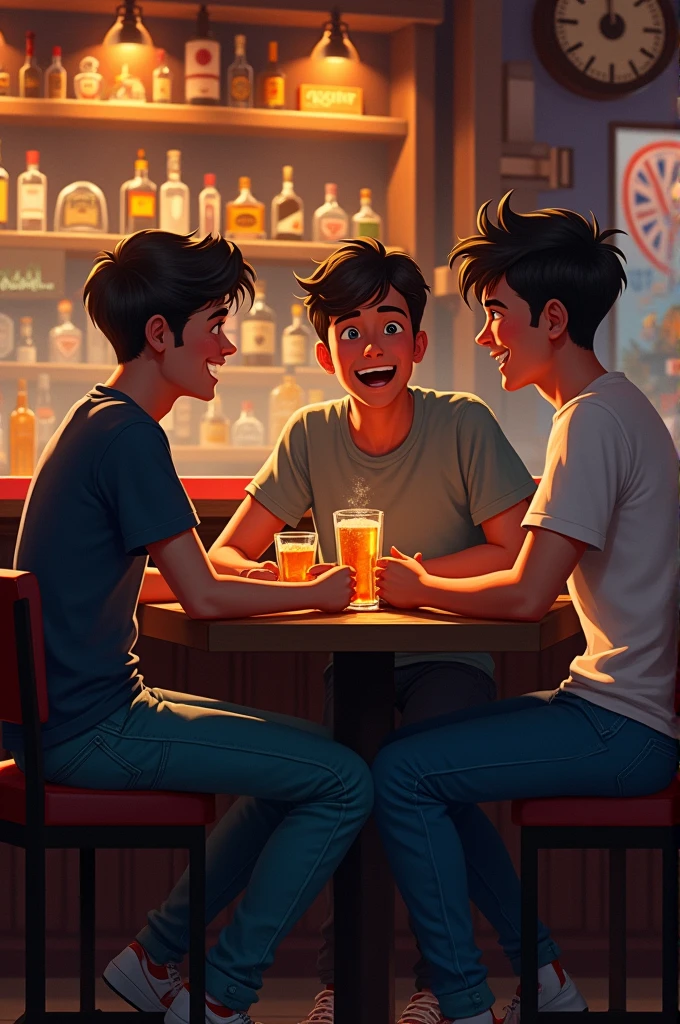 Three boys in the bar with drink