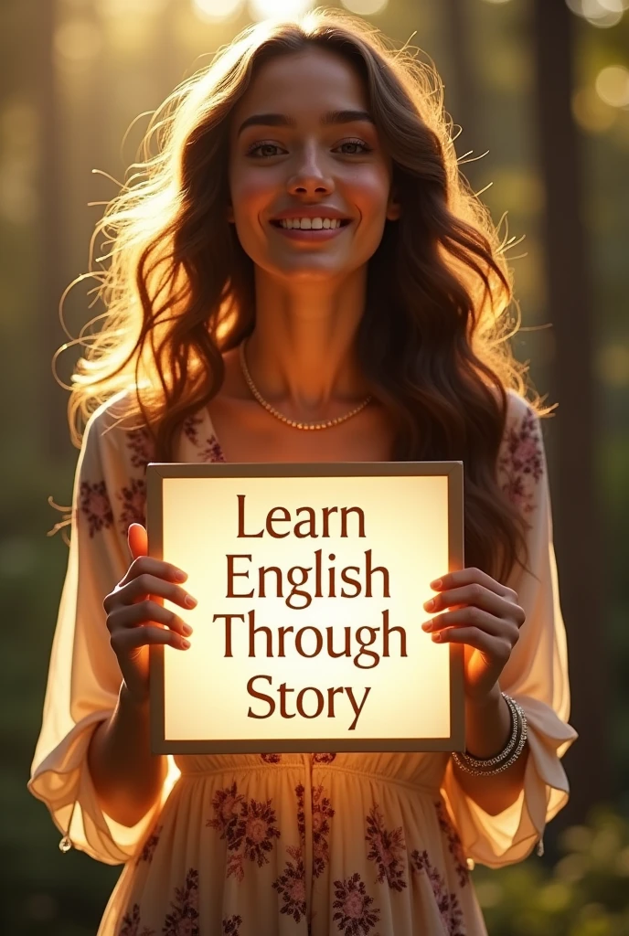 Beautiful girl with heart-warming smile and wavy long hair, bohemian dress, holding a white board with text "learn English Through Story" and showing it to the viewer, the board is glowing with a the text.Give me every time different sweet about 19 years girl.
