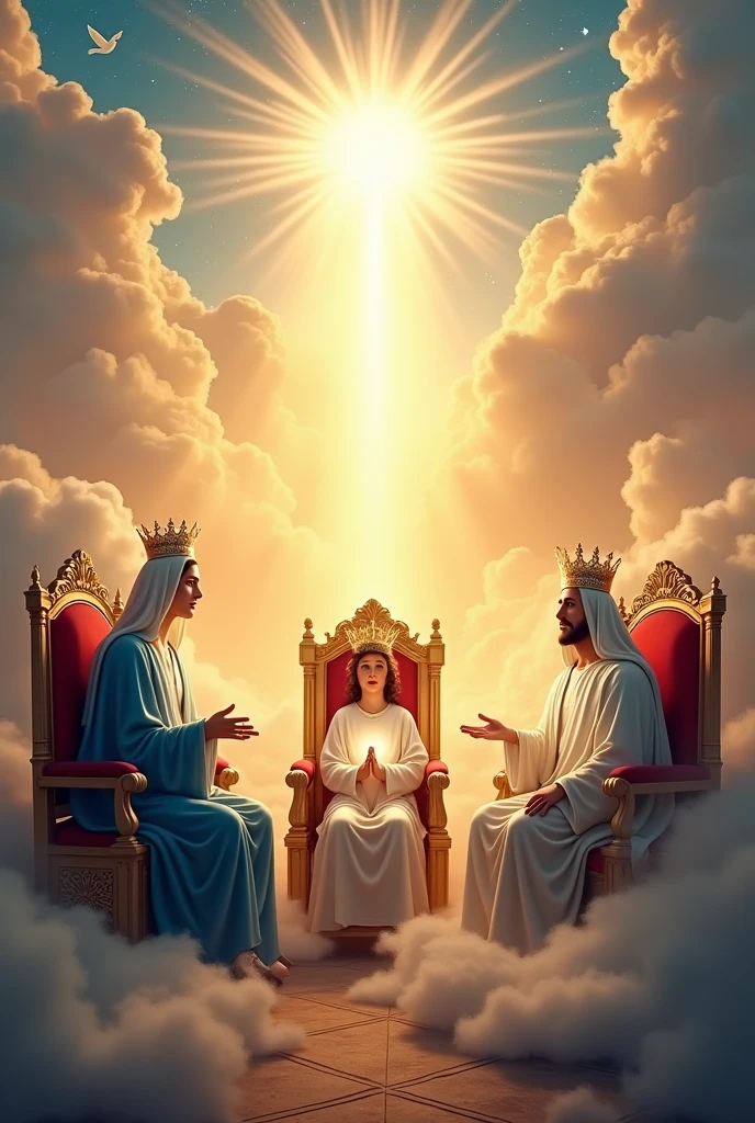 (photorealism:1.2), beautiful virgin Mary, handsome Jesus Christ and 15 years old teen Jesus, sitting each of them in the three throne in the kingdom of god that full of clouds, the light of their crowns and hearts spreading all over, wearing the blue color of a king, queen and prince, the crown of lights, real nice hair, real face, heaven outdoors that full of clouds, brighter lighting, five fingers, clouds and dove in the background, stars and sunlight, beautiful heaven of paradise, relaxed pose, realistic, intricate details, bright and warm colors,