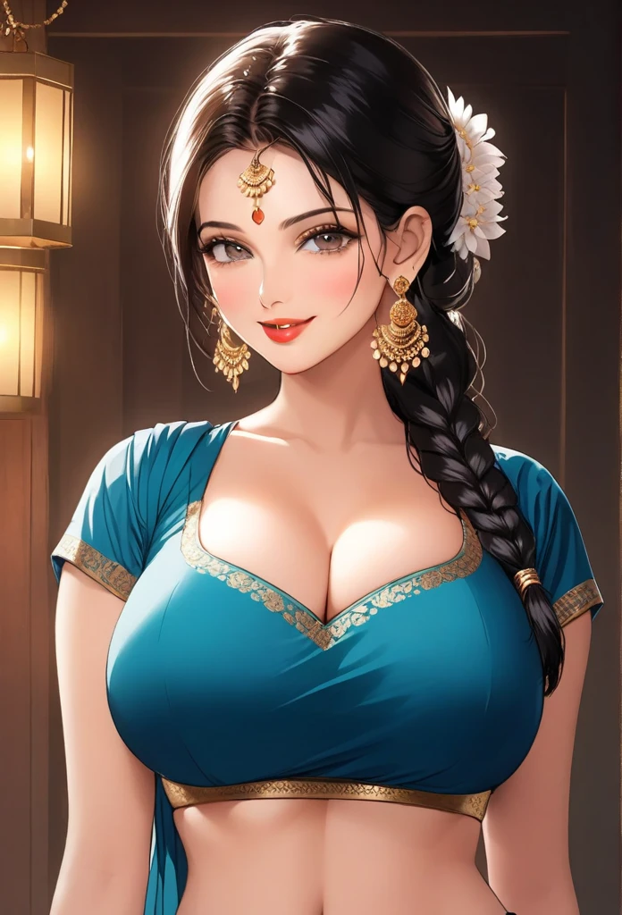 ((1indian mature,single hair braid,saree, big long jhumka earrings , detailed alluring eyes, smooth detailed lips, beautiful face, smiling ,red lipstick ,navel,bangles,blue ribbon,big breasts