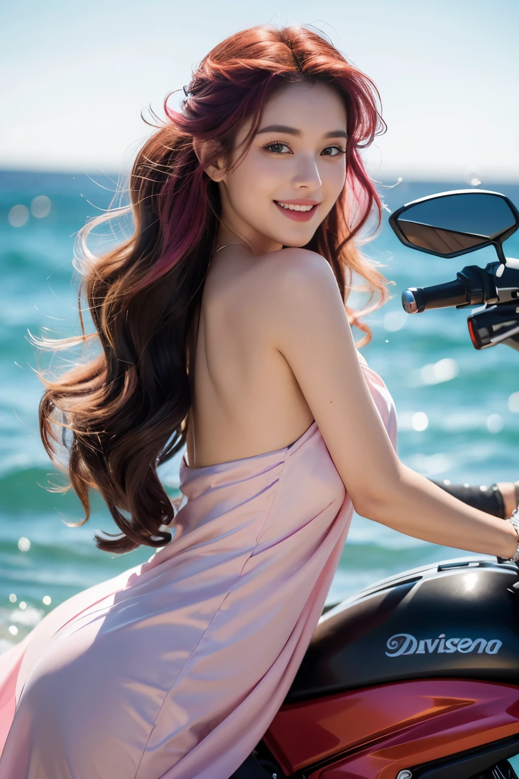 A super sharp faces and eyes, close up faces, super vibrant sea goddess masterpiece, the image of an extremely beautiful girl sitting on a harley davision motorcycle happy smile at sea, her seductive light pink braids draped over a luxurious revealing silk dress, shining in emerald and pale gold hues combined with the clear gentle waves of the brilliant ocean. Her angelic eyes and seductive lips with a deadly smile as she sits on a fully equipped modern motorcycle in a provocative pose, The style highlights the intense vibrancy of the colors, highlighting the flowing dress and the shine of her flowing curly hair. Super sharp facial details, super vibrant, UHD, 48K