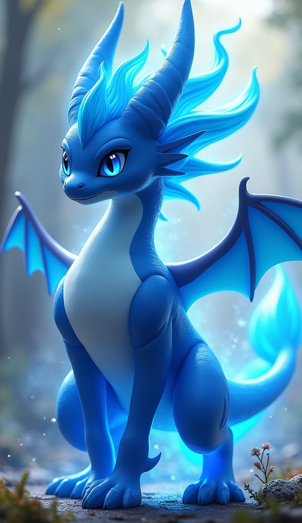 with a blue body,Pokemon Blue Dragon, White Arms, And black legs, Blue Hair, Bright Blue Eyes, and blue aura.