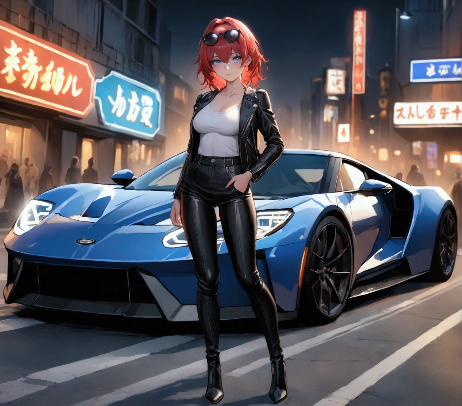 (Masterpiece. The best quality. 8K. Sharp focus. Depth of field, The best shadows. Perfect lighting. HDR. Realistic skin texture. Ultra-detailed background. Detailing). Anime style. Honkai: Star Rail. March 7. 1 girl. Fiery red hair, short hair. Azure blue eyes, beautiful eyes, beautiful eyes, expressive eyes. Beautiful nose, perfect facial features. Perfect anatomical body, slender figure, second size breasts, beautiful breasts, thin waist, rounded hips, beautiful long legs. Sunglasses on her head, top leather jacket, leather pants, heavy leather boots. Feet shoulder-width apart. Standing in the middle of the street. Standing leaning on a Ford GT. Night, city, neon signs, empty highway, Standing at full height. Concept art. Looking at the viewer. At full height. Full body.
