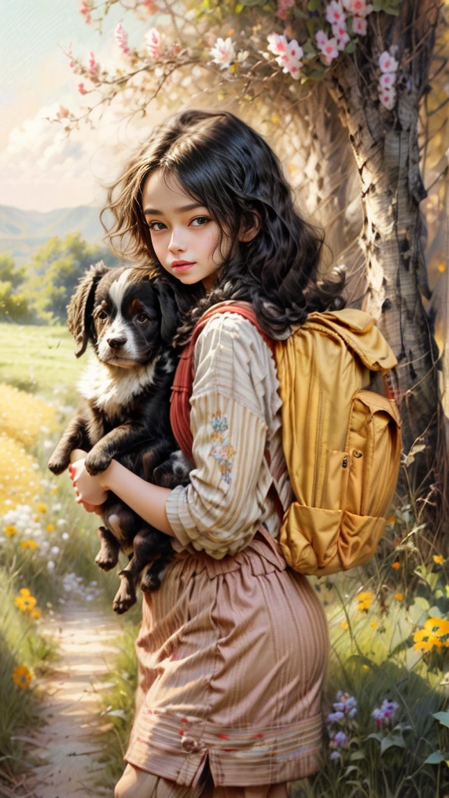  An incredibly charming  carrying a backpack, accompanied by her adorable puppy, enjoying a lovely spring outing surrounded by beautiful yellow flowers and natural scenery. The illustration is in high definition at 4k resolution, with highly-detailed facial features and cartoon-style visuals.