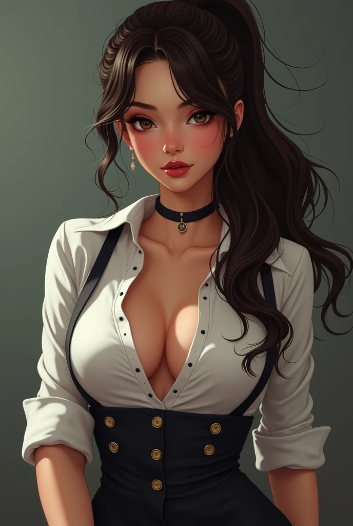 Sexy girl,long ponytail, teacher dress, midium ,3 buttons open at the chest