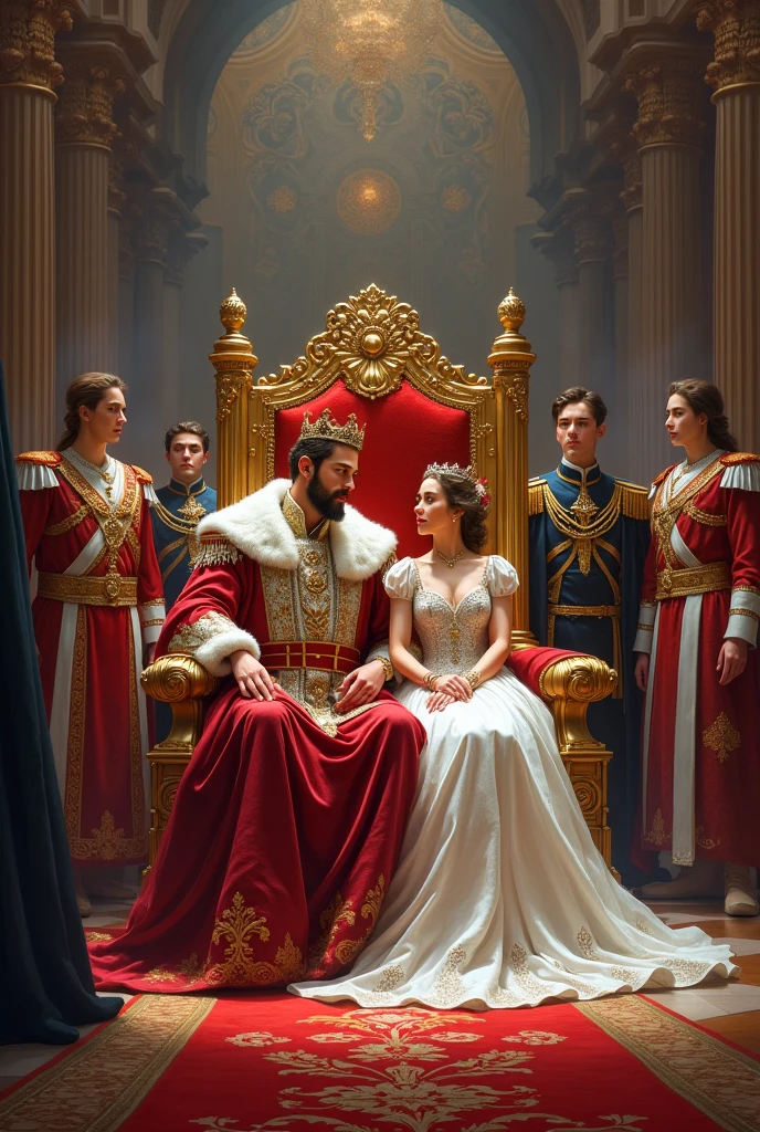 make a picture with the king and queen sitting on the crown seat. behind it and a prince with his lover. and on the side a prince and a soldier
