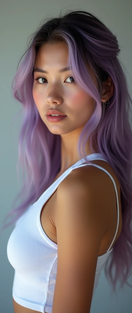 (masterpiece),(Highest quality),(Super detailed),(Ultra-high resolution),(Photorealistic Stick),(RAW Photos),8k,wallpaper,Women's photos,(Track and field athlete:2.0),Portrait Photography,Beautiful woman,(Eye light,Sharp pupils,Detailed eye drawing),(Detailed skin texture:1.6), long hair, pastel purple hair, caucasian type, dark eyebrows, Looking at me,(front),(front:2.0),(sexy:2.0), beautiful detailed eyes, beautiful detailed lips, extremely detailed face and skin, long eyelashes, masterpiece, (best quality,4k,8k,highres,masterpiece:1.2),ultra-detailed,(realistic,photorealistic,photo-realistic:1.37), portrait, realistic, average breast, Tight Tank Top Portrait (1.0), A single girl in a solo setting, showcasing her athletic physique, with a simple white tank top clinging to her body, The tank top's fabric, molded to her body, reveals the gentle curves of her torso, and her black eyes, extremely detailed and mesmerizing, gaze directly at the viewer