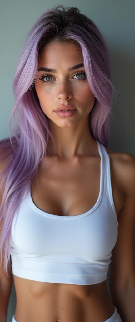 (masterpiece),(Highest quality),(Super detailed),(Ultra-high resolution),(Photorealistic Stick),(RAW Photos),8k,wallpaper,Women&#39;s photos,(Track and field athlete:2.0),Portrait Photography,Beautiful woman,(Eye light,Sharp pupils,Detailed eye drawing),(Detailed skin texture:1.6), long hair, pastel purple hair, caucasian type, dark eyebrows, Looking at me,(front),(front:2.0),(sexy:2.0), beautiful detailed eyes, beautiful detailed lips, extremely detailed face and skin, long eyelashes, masterpiece, (best quality,4k,8k,highres,masterpiece:1.2),ultra-detailed,(realistic,photorealistic,photo-realistic:1.37), portrait, realistic, average breast, Tight Tank Top Portrait (1.0), A single girl in a solo setting, showcasing her athletic physique, with a simple white tank top clinging to her body, The tank top's fabric, molded to her body, reveals the gentle curves of her torso, and her black eyes, extremely detailed and mesmerizing, gaze directly at the viewer