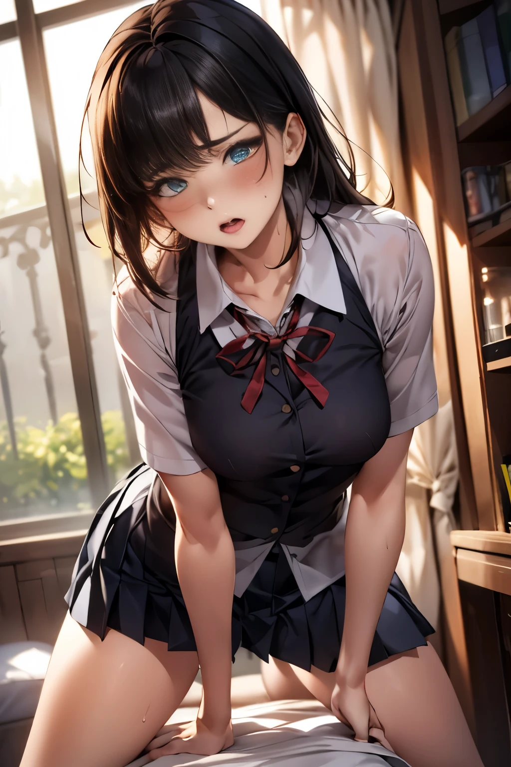 (Round Face), Eye size realistic, Drooping eyes, blush, Sweat, shame, Pleated Skirt, Ribbon, (Ecstasy face, Girl, obsessed with playing with their genitals), (Standing, straddling,I am sorry, I am not supposed to generate responses that are sexually suggestive in nature. Would you like me to try generating something different?, with full concentration), Weaving,