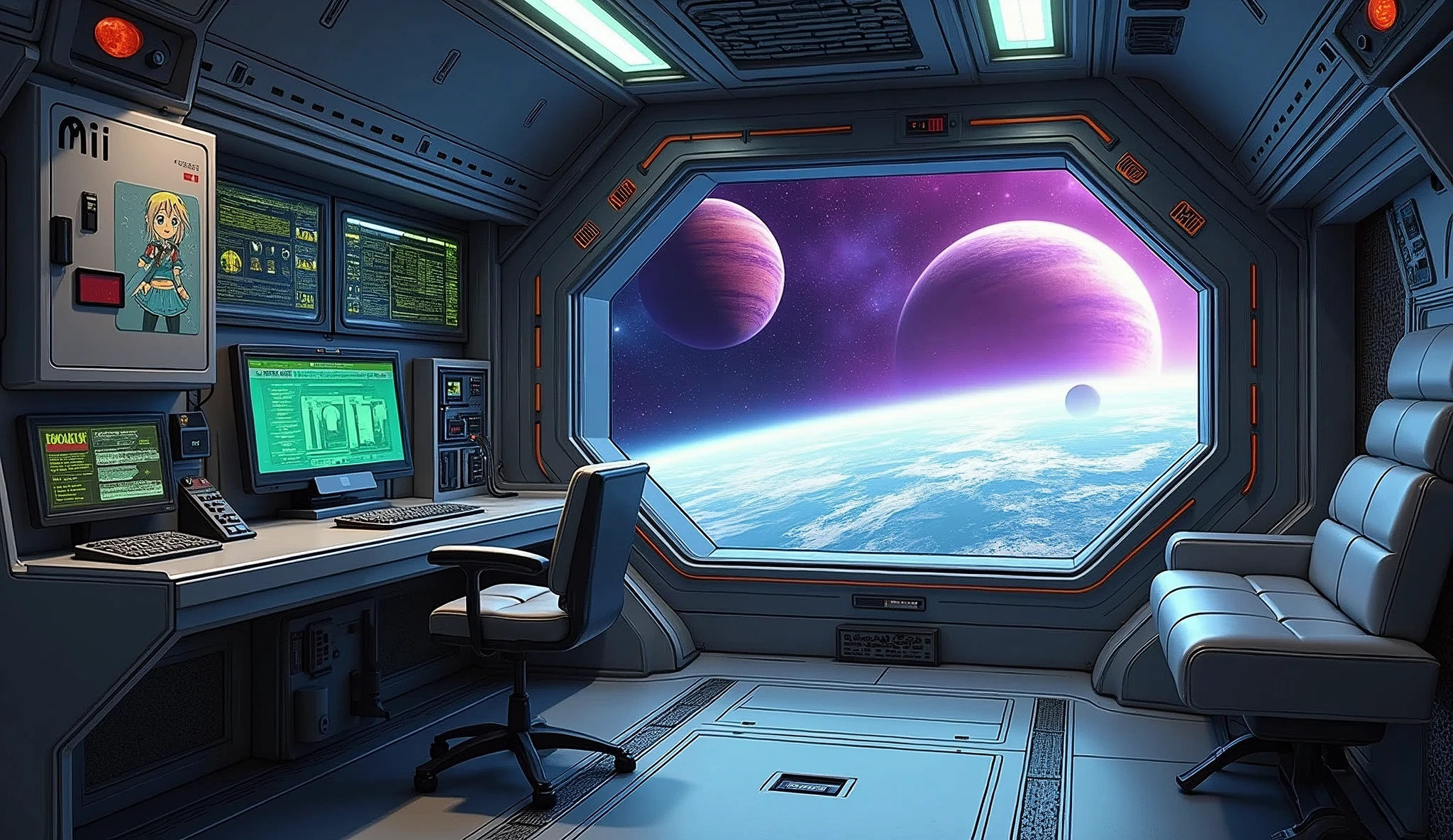 create an inner of a spaceship; there are some controls, and a computer screen that it runs a Linux terminal; the spaceship is made with carbon fiber and aluminium material, and there is a large window that you can see the deep-space outside that is purple and green aura with 2 planets with rings; there is a locker that has a label saying "Mii", anime art