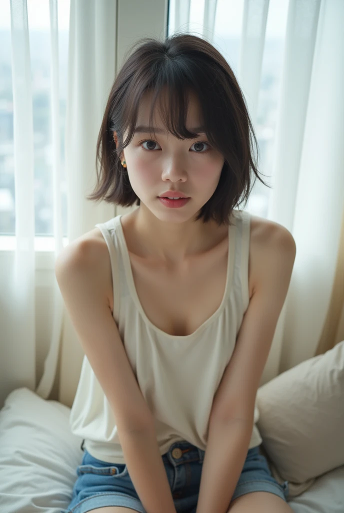 20-year-old Japanese Woman Girl.
- Style: realistic photo, Realistic. - Body Type: Attractive, sexy, ideal body, nice legs, tights, arms, and shoulders. - Breast: (Small Breast:1.2), (Cleavage:1.3), (Nipple:1.4), Facial Feature: Beautiful, Gorgeous, ager, Fresh, Young.
- Expression: Shy, Pink Blush on Face, Sexy Eyes, Sexy Look, (Sweating:1.4), Innocent Look, Tipsy. - Hairstyle: Blunt Bangs, Short Hair. Clothing: (Tank top:1.6), (Off-Shoulder:1.3),. - Body Pose: (Sitting:1.3). - Behaviour: Waiting, Want Something, Secretly.
- Accessories: Earrings, No Hair Accessories, Environmental Details:, - Setting: Bed Room., - Lighting: Natural Light., - Decoration: Modern Bed, Chair, Window, White Curtain, City View. Top view. pov, ultra-realistic photo, UHD, anatomically correct.