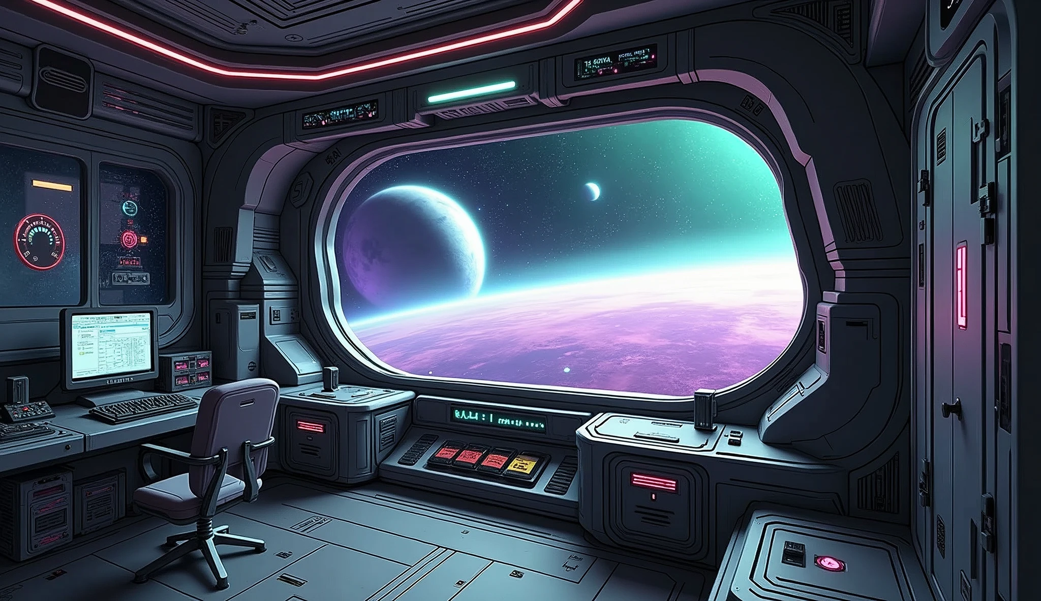 create an inner of a spaceship; there are some controls, and a computer screen that it runs a Linux terminal; the spaceship is made with carbon fiber and aluminium material, and there is a large window that you can see the deep-space outside that is purple and green aura with 2 planets with rings; there is a locker that has a label saying "Mii", anime art