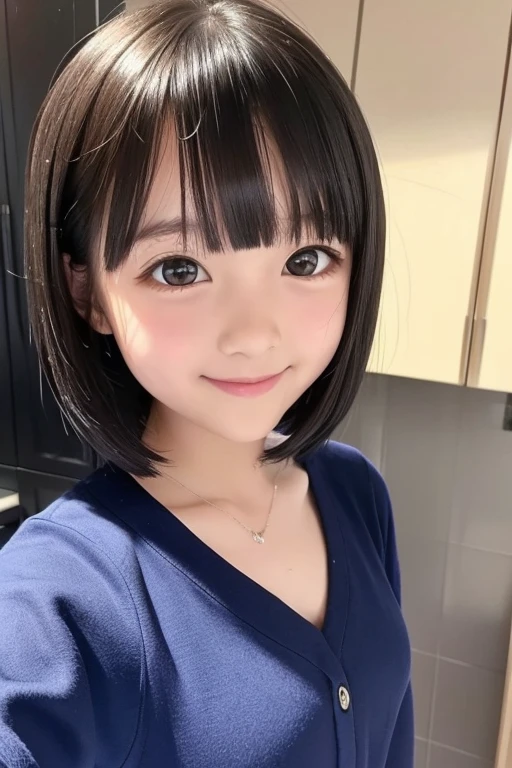 cute, girls, elementary school students, black hair, bob hair, small bust, naked, smile, blush, shiny skin