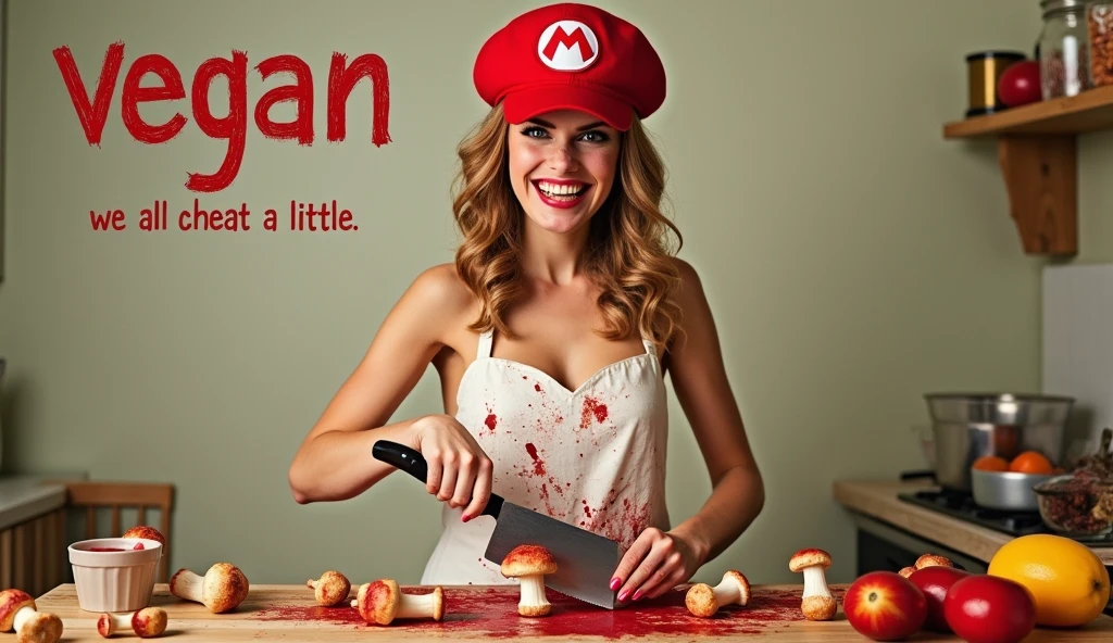 a poster for a movie. "vegan" is displayed at the top of the poster in a whimsical font  the tagline  "we all cheat a little" . Emma Watson is Princess peach,nude , wearing a Mario cap and blood splattered  white butchers apron. she is cutting  Mario mushrooms  with a cleaver, manic grin. 
