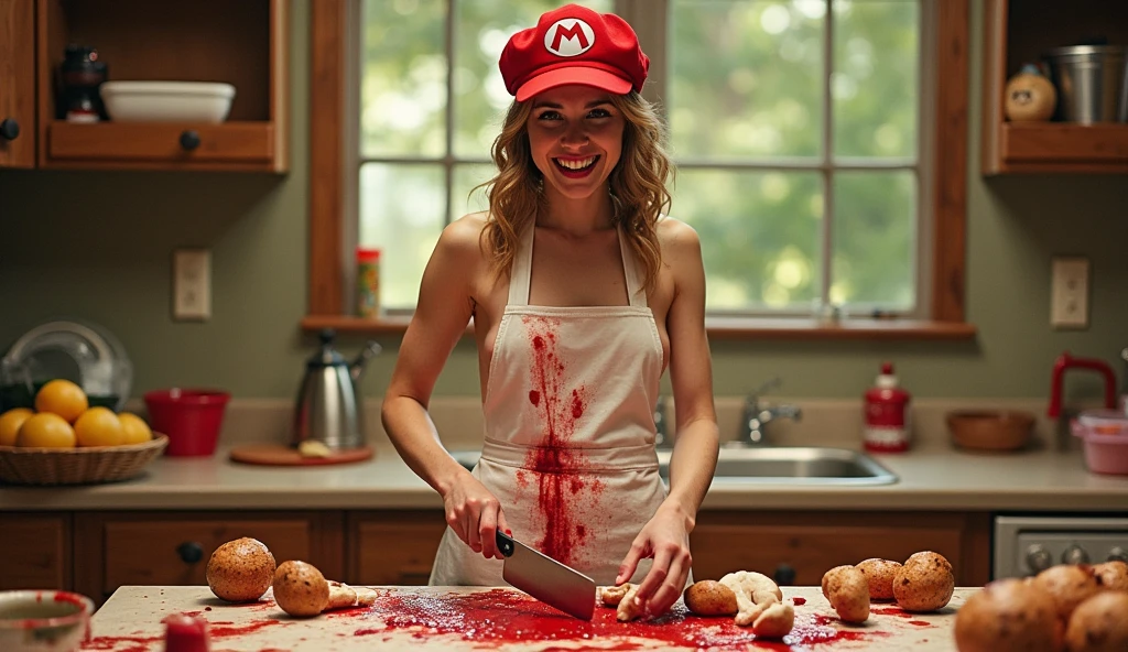 a poster for a movie. "vegan" is displayed at the top of the poster in a whimsical font  the tagline  "we all cheat a little" . Emma Watson is Princess peach,nude , wearing a Mario cap and blood splattered  white butchers apron. she is cutting  Mario mushrooms  with a cleaver, manic grin. 