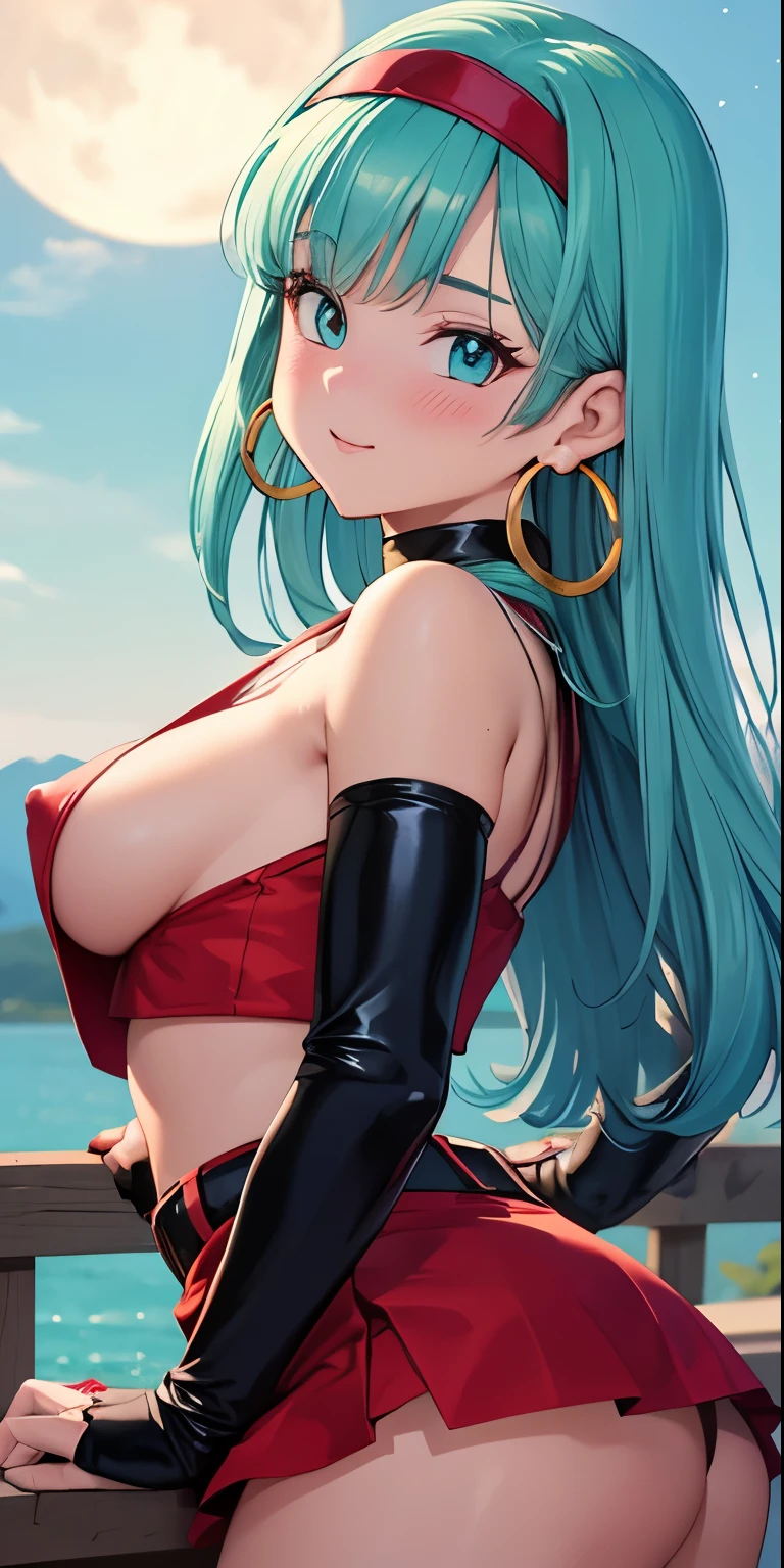 1 Female,High definition,high resolution,Ultra-realistic,8K, 8K, Bulla, Dragon Ball,
long hair, aqua hairbangs, collarbonebridal gauntlets, eyelashes, hoop earrings, eyebrows,miniskirt,hairband, red hairband, earrings, blue eyes,elbow gloves, red gloves, fingerless gloves, crop top, red topwear, midriff, yellow belt, skirt, red skirt,European,sexy,Upper body close-up,Photographed from the front,Dynamic Angles,(blush), (big tits), happy, wink the eye,facial, sweat,multicolored hair , outdoors, moonlight, night ,(red skirt), latex skirt,nipples