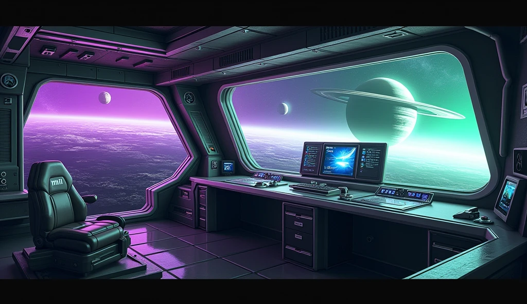 create an inner of a spaceship; there are some controls, and a computer screen that it runs a Linux terminal; the spaceship is made with carbon fiber and aluminium material, and there is a large window that you can see the deep-space outside that is purple and green aura with 2 planets with rings; there is a locker that has a label saying "Mii"