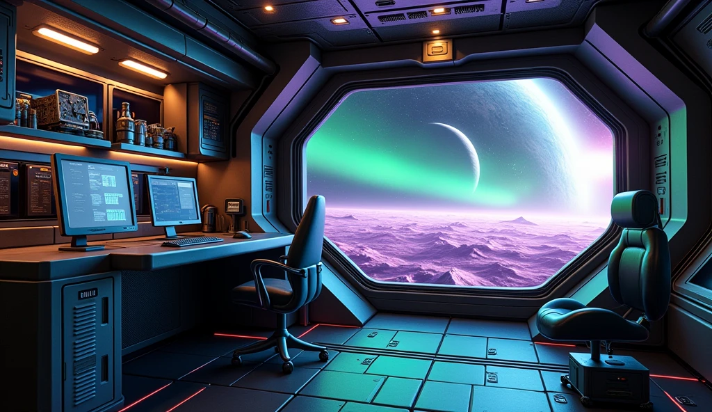 create an inner of a spaceship; there are some controls, and a computer screen that it runs a Linux terminal; the spaceship is made with carbon fiber and aluminium material, and there is a large window that you can see the deep-space outside that is purple and green aura with 2 planets with rings; there is a locker that has a label saying "Mii"