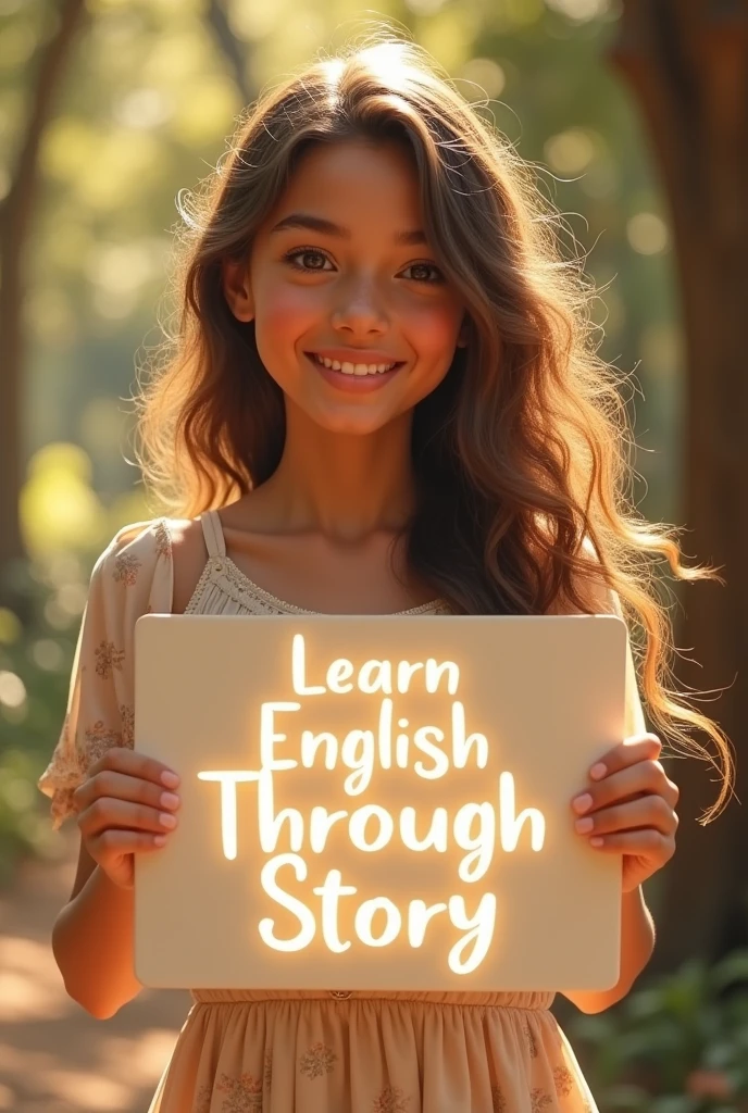 Beautiful girl with heart-warming smile and wavy long hair, bohemian dress, holding a white board with text "learn English Through Story" and showing it to the viewer, the board is glowing with a the text.Give me every time different sweet about 19 years girl.