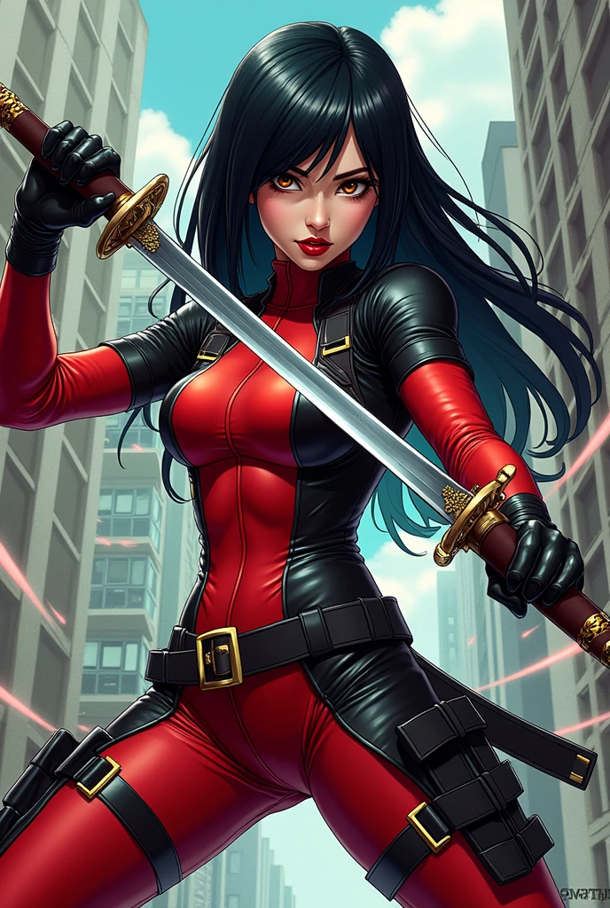 /imagine prompt: 25-year-old woman with long, straight black hair, light brown eyes, red lips and refined nose, in a fighting pose using her katanas, characterized as Lady Deadpool, Marvel's anti-heroine. The setting depicts a 2D comic book style city, illustration, comic book art style with vibrant colors and action in the combat pose, --AR 16:9 --In the 5th