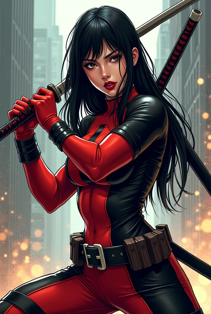 /imagine prompt: 25-year-old woman with long, straight black hair, light brown eyes, red lips and refined nose, in a fighting pose using her katanas, characterized as Lady Deadpool, Marvel's anti-heroine. The setting depicts a 2D comic book style city, illustration, comic book art style with vibrant colors and action in the combat pose, --AR 16:9 --In the 5th