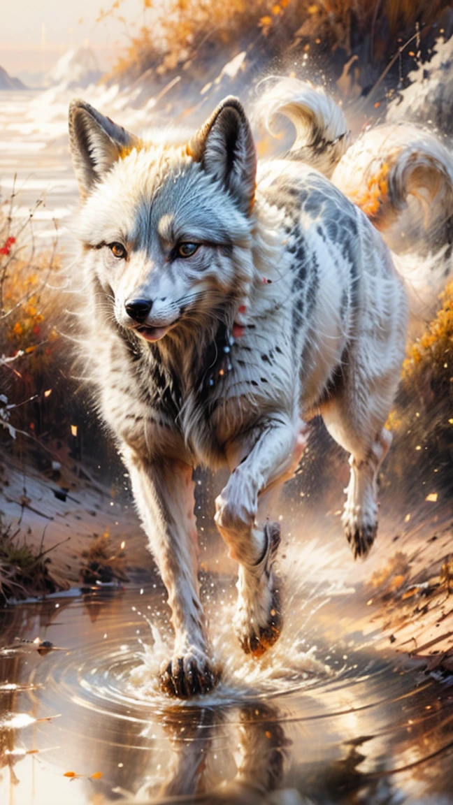 Digital artwork using liquid metal techniques,Depicting arctic fox on the run,where the texture of white gold flows and blends,Capture the reflection of sunlight,create a feeling
