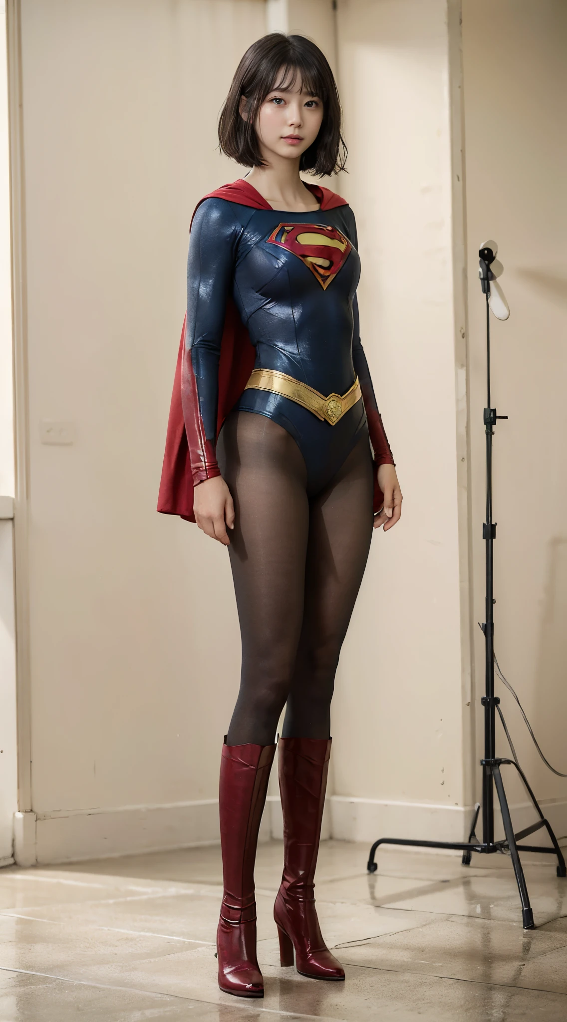 No background、(((Looking down、Looking down)))、(((Beautiful legs in black tights.)))、(((Legally express the beauty of your smile)))、((((Make the most of your original images)))、(((Supergirl Costume)))、(((Beautiful short bob hair)))、(((suffering)))、(((Please wear black tights....、Wear red boots)))、((Best image quality、8k))、((Highest quality、8k、masterpiece:1.3))、(((Preserve background )))、Sharp focus:1.2、Beautiful woman with perfect figure:1.4、Slim Abs:1.2、Wet body:1.5、Highly detailed face and skin texture、8k