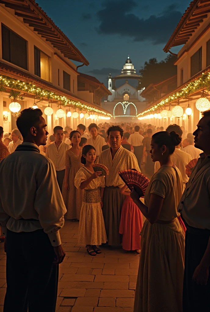 A photo of life in philippines in 1800, christmas night, people are wearing traditional suit, baro't saya for women and barong tagalog for men, the kids are happy playing, there are women looks shy behind their fan, and the fresh men looking at them, there are some adults happy talking, some are serious and has a good posture that looks like from a rich family, its night with parols and candle lights from other homes, the church and park can see in the picture that looks like the spanish era style of homes and structures, the picture looks like it took from upper spot and wide scope