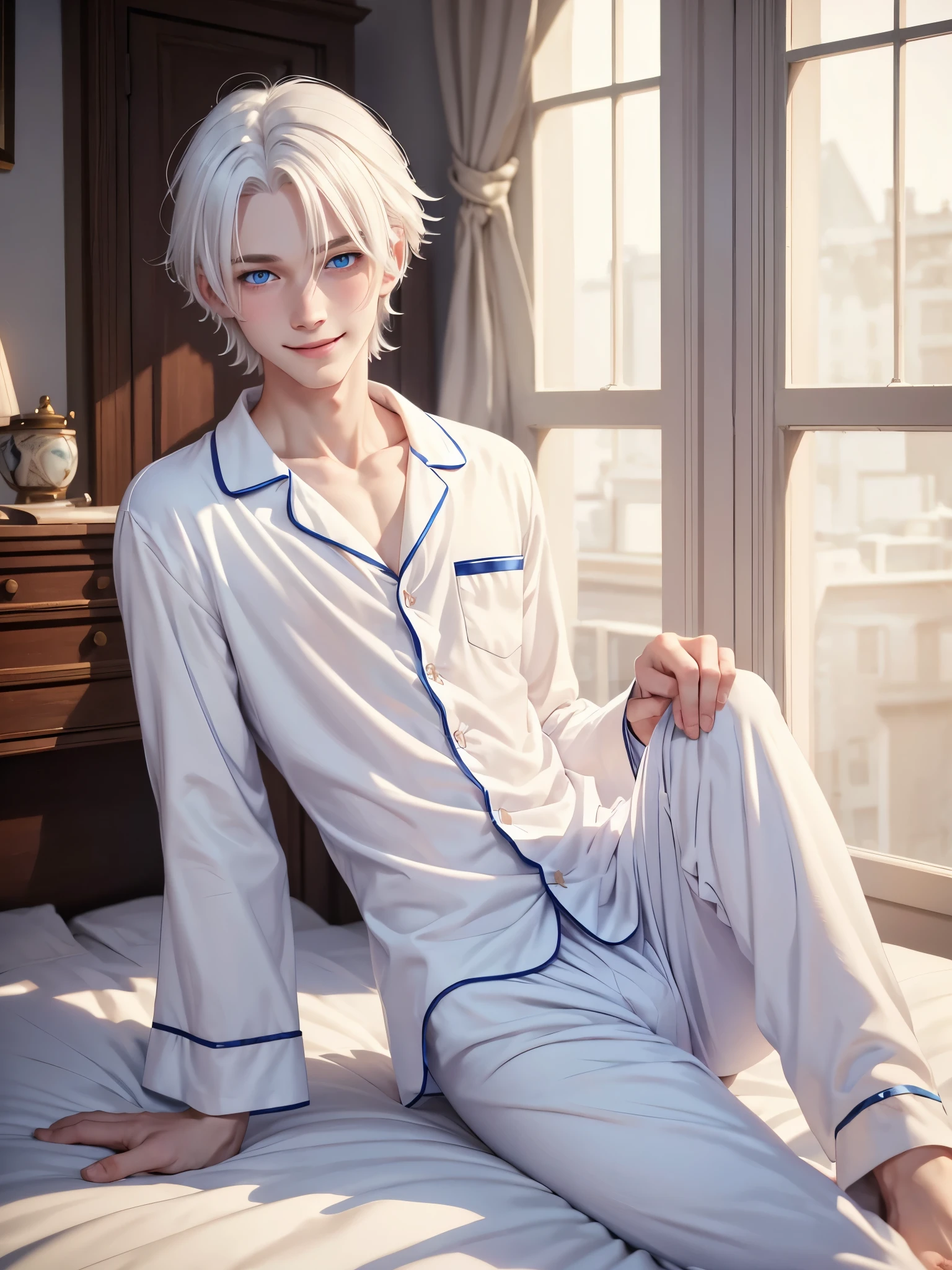 (best quality), 1boy, male, pale skin, white hair, medium hair, swept bangs, straight hair, blue eyes, perfect eyes, smile, blush, pajamas, skinny body, masterpiece, anatomically correct, highres
