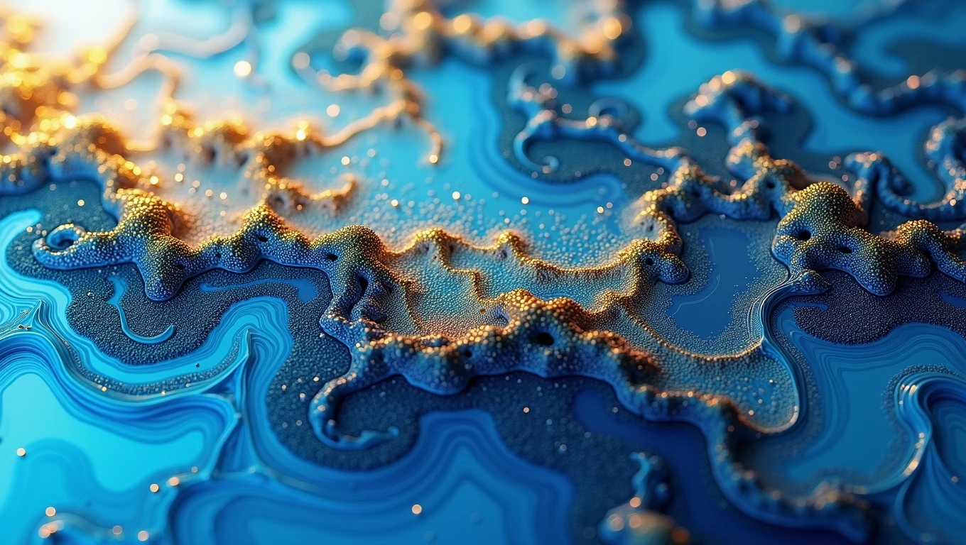 : A close-up of vibrant swirling alcohol ink blending in hues of blue and gold, creating intricate patterns on a smooth surface. 8k  