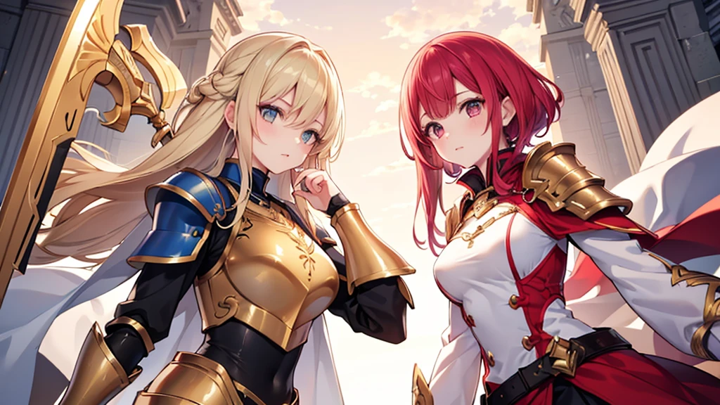 tow female paladin (x2 girls in same picture ) one blonde paladin with lovely golden eyes wearing a golden plate armor holding a golden mace and golden shield . second girl is redhead paladin wearing a black/red plate armor with a great black sword .