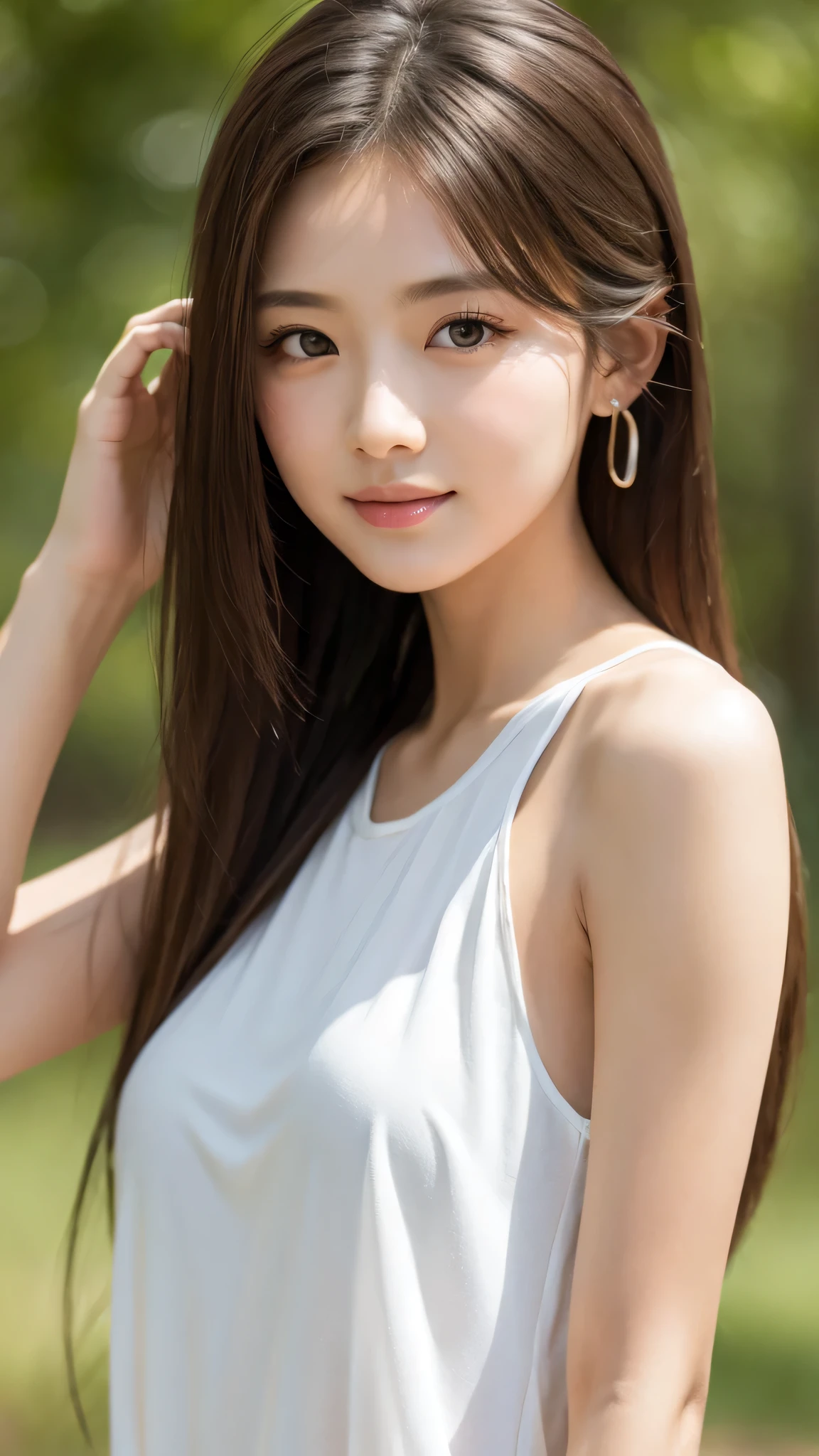 highest quality、genuine、Super detailed、finely、High resolution、8k wallpaper、one beautiful woman、、、light brown disheveled hair、wearing a white tank top、sharp focus、beautiful and detailed eyes、thin hair、Detailed genuine skin texture、smile、model body shape、In a mountain