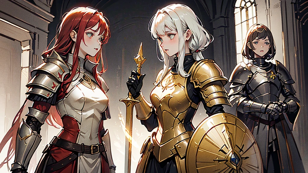 tow female paladin (x2 girls in same picture ) one blonde paladin with lovely golden eyes wearing a golden plate armor holding a golden mace and golden shield . second girl is redhead paladin wearing a black/red plate armor with a great black sword .